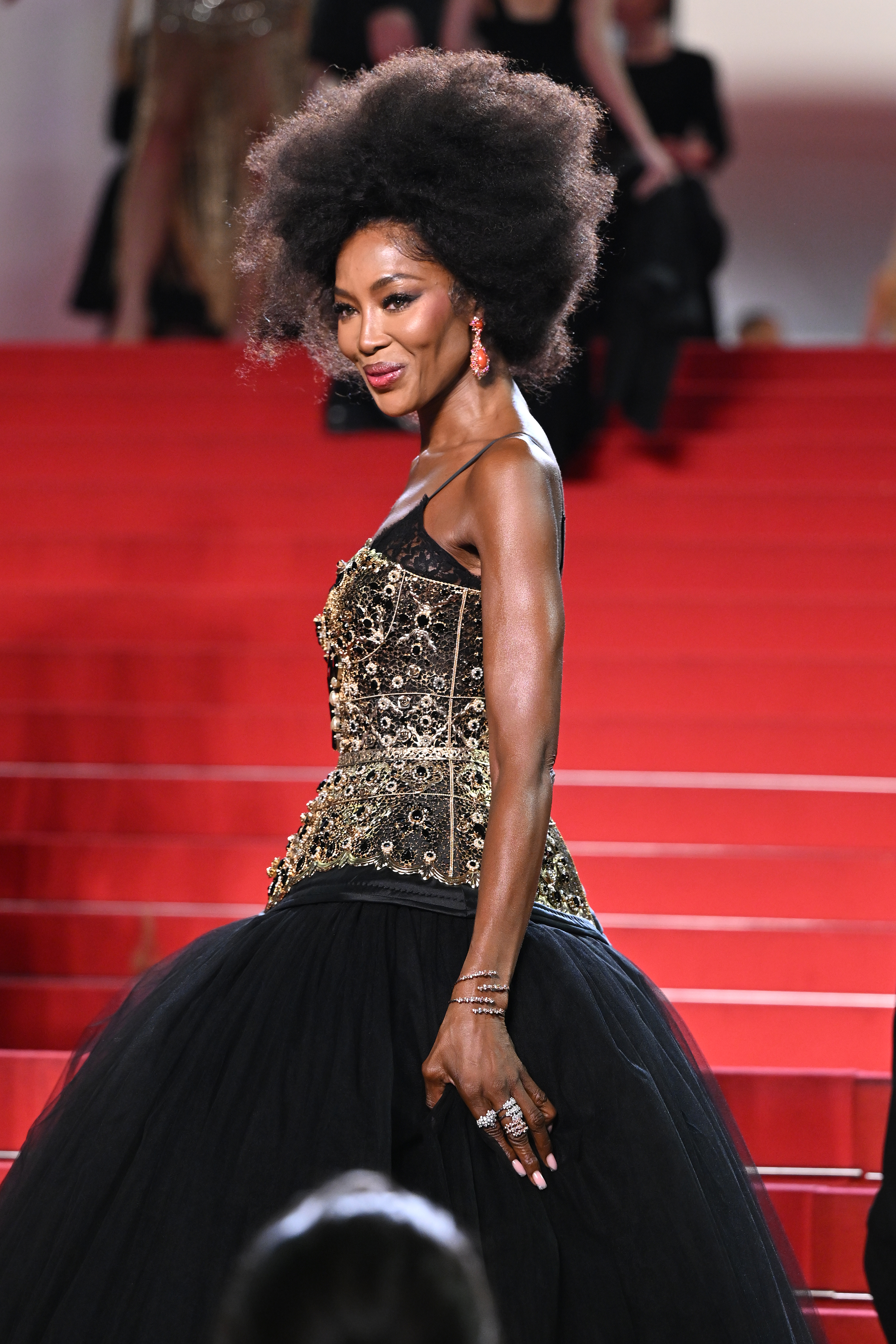 Naomi Campbell wearing an afro hairstyle and Dolce & Gabanna gown.