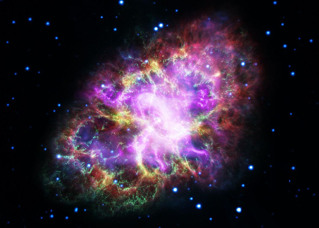 The Crab Nebula as seen by the Hubble Space Telescope and ground-based telescopes in a composite view. The nebula is the aftermath of a brilliant supernova spotted in 1054. 