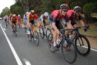 Team Ineos riders Cameron Wurf and Ian Stannard line the race out behind them