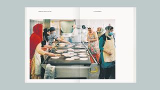 Open book image of women busy cooking in a kitchen, metal worktop table, stone floor