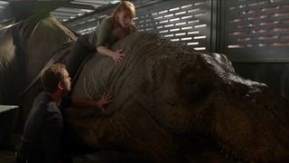 Jurassic World: Fallen Kingdom Chris Pratt and Bryce Dallas Howard acting against an animatronic Rex