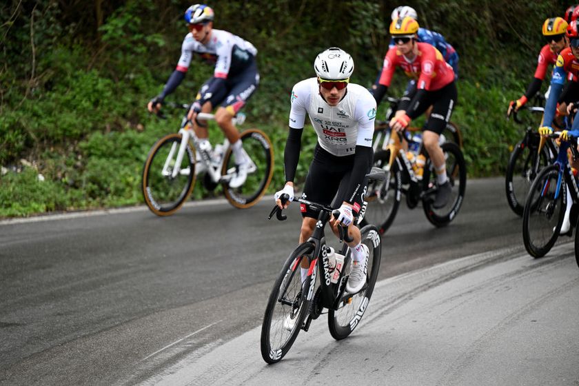 FOLLONICA ITALY MARCH 11 Juan Ayuso Pesquera of Spain and UAE Team Emirates XRG White best young jersey competes during the 60th TirrenoAdriatico 2025 Stage 2 a 192km stage from Camaiore to Follonica UCIWT on March 11 2025 in Camaiore Italy Photo by Tim de WaeleGetty Images