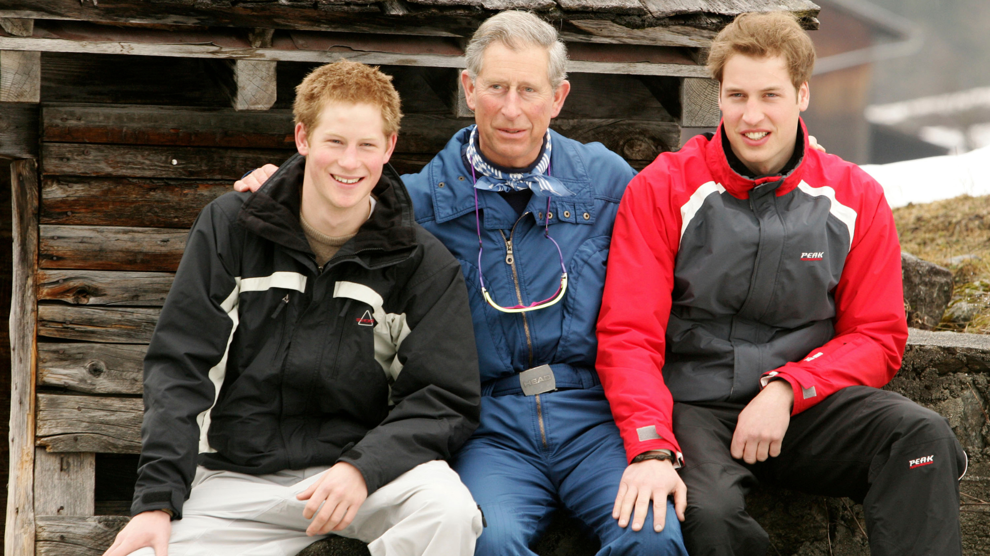 HRH Prince Charles poses with his sons Prince William (R) and Prince Harry (L) during the Royal Family's ski break at Klosters on March 31, 2005 in Switzerland.