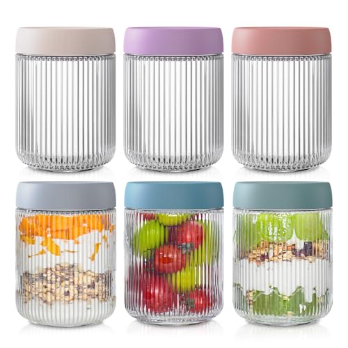 Insetlan 6 Pack Glass Overnight Oats Jars Leakproof, 500ml Ribbed Overnight Oats Container With Lids for Homemade Yogurt Oatmeal Salad Jam