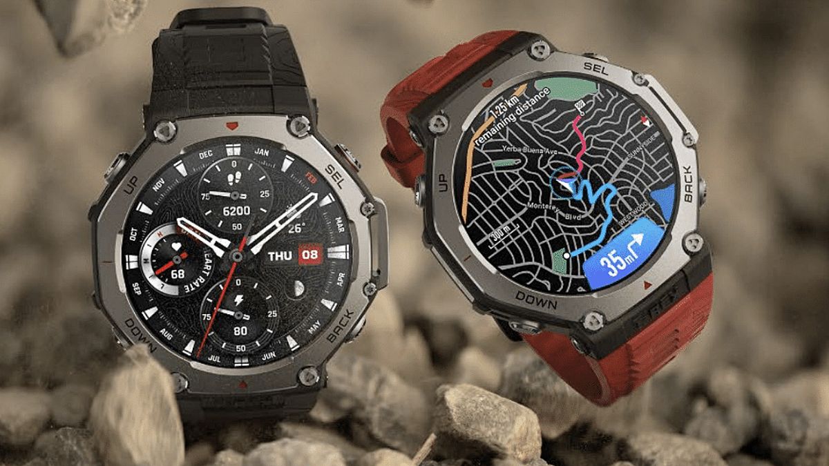 Amazfit T-Rex 3 smartwatch with falling rocks behind it