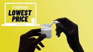 AirPods 2 — black woman's hands holding AirPods 2 with charging case against yellow gradient background