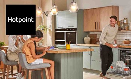 Hotpoint logo top left with a picture of a family in the kitchen 