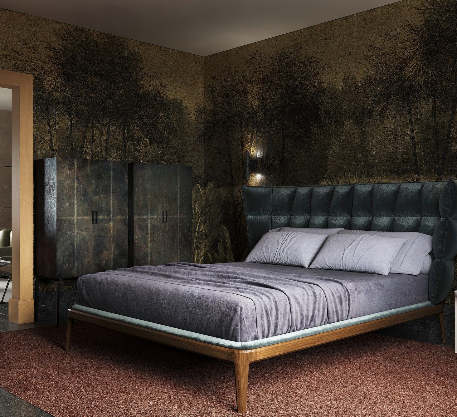 A platform bed in a small room