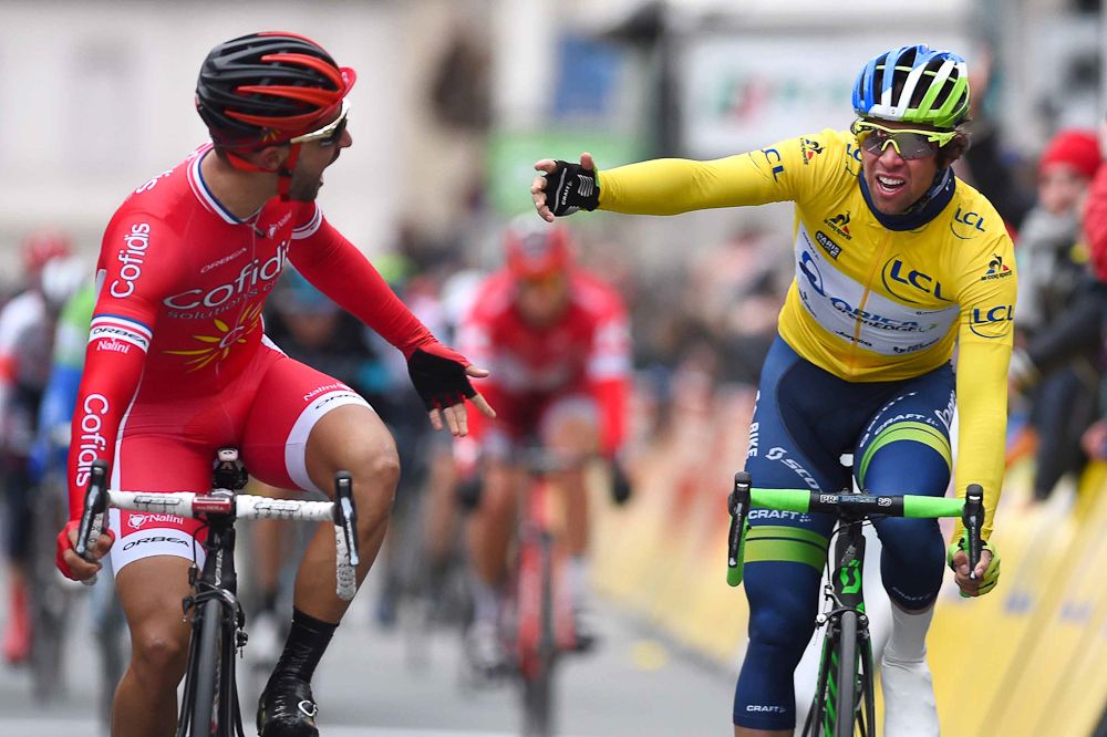 Nacer Bouhanni and Michael Matthews react after the contentious stage 2 sprint at Paris-Nice