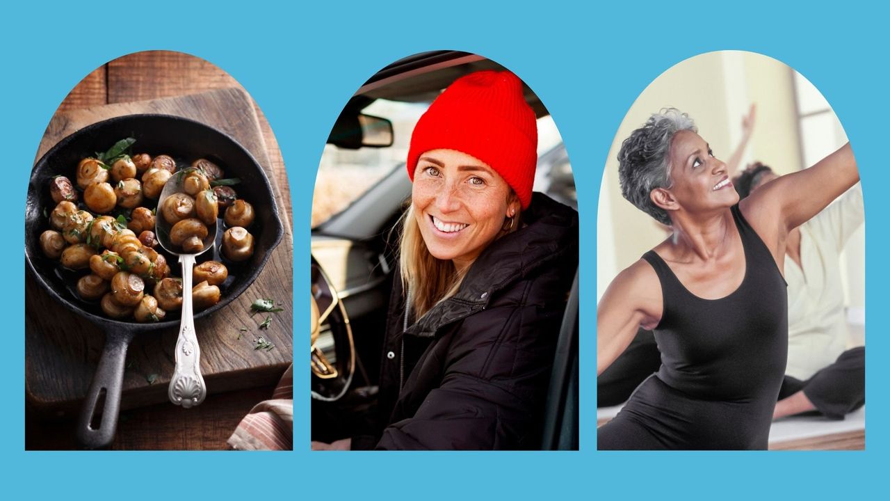 A composite of three photos representing some of the winter health tips - mushrooms cooking in a pan, a woman in a winter hat and a woman doing yoga