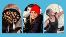 A composite of three photos showing mushrooms cooking in a pan, a woman in a winter hat and a woman doing yoga, representing some of the winter health tips