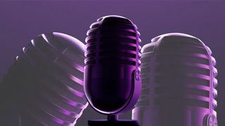 Apple Podcasts 20th anniversary logo shows two microphones in the shape of the number 20