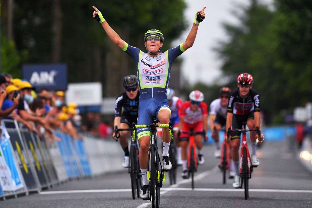 SAINTVULBAS FRANCE JULY 30 Georg Zimmermann of Germany and Team Intermarch Wanty Gobert Matriaux celebrates at finish line as stage winner during the 33rd Tour de lAin 2021 Stage 2 a 136km stage from Lagnieu to SaintVulbas tourdelain on July 30 2021 in SaintVulbas France Photo by Luc ClaessenGetty Images