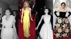 4 pictures of old school hollywood glamour dresses worn by actresses. L-R: Sophia Loren, Renee Zellweger, Audrey Hepburn and Rita Moreno