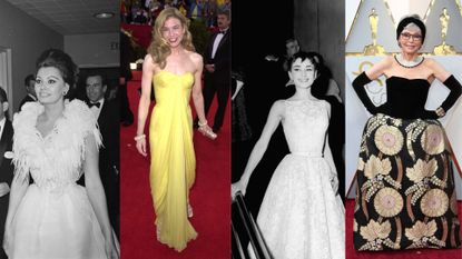 4 pictures of old school hollywood glamour dresses worn by actresses. L-R: Sophia Loren, Renee Zellweger, Audrey Hepburn and Rita Moreno