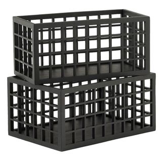 Two rectangular black grid pantry bins stacked on top of eachother