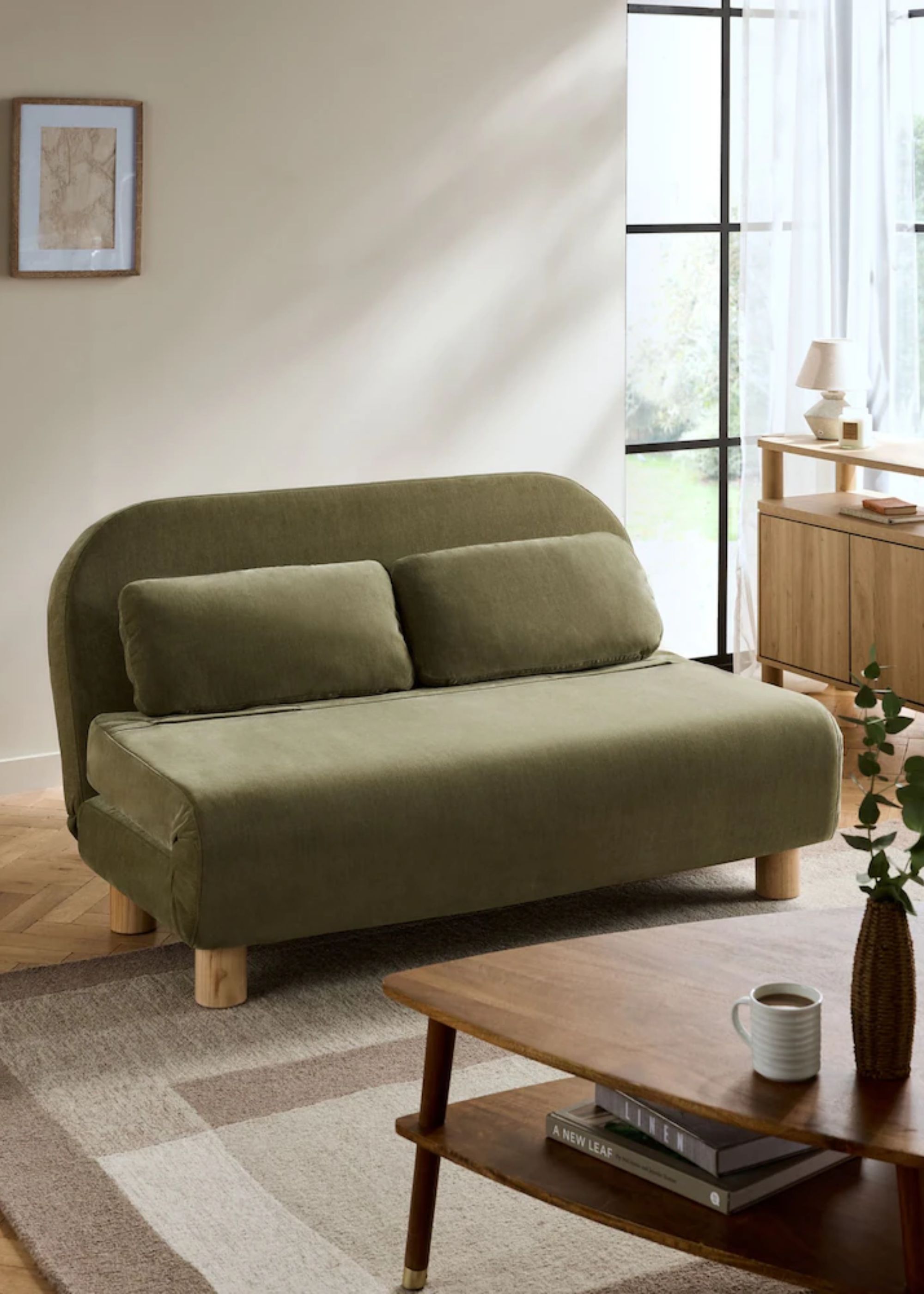 Next, Relaxed Chenille Olive Green Palma Double Sofa Bed