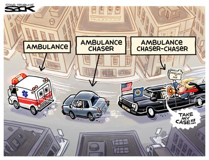 Political cartoon U.S. Trump lawyer ambulance chaser FBI investigation