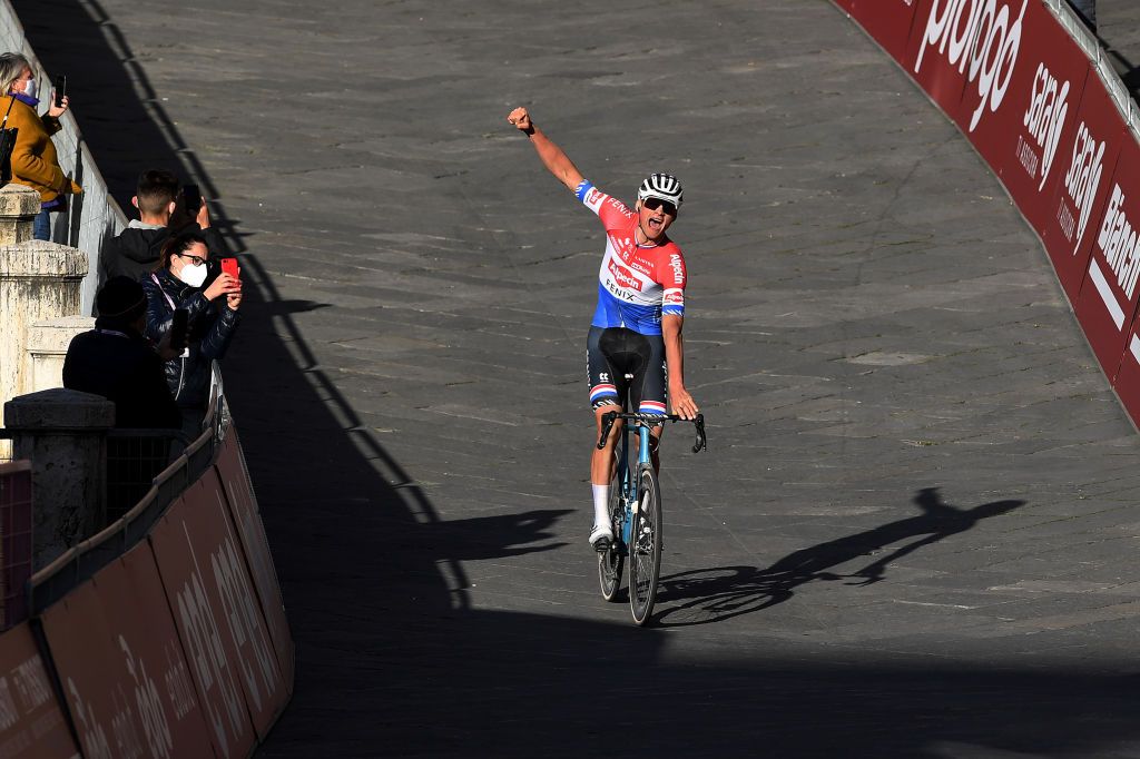SIENA ITALY MARCH 06 Arrival Mathieu Van Der Poel of Netherlands and Team AlpecinFenix Celebration during the Eroica 15th Strade Bianche 2021 Mens Elite a 184km race from Siena to Siena Piazza del Campo StradeBianche on March 06 2021 in Siena Italy Photo by Tim de WaeleGetty Images