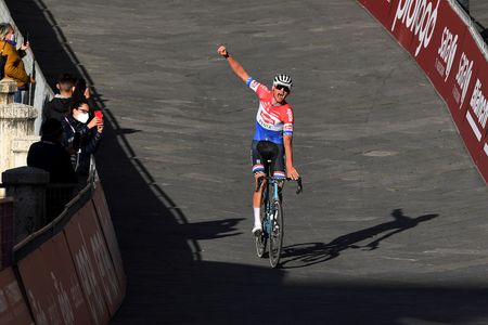 SIENA ITALY MARCH 06 Arrival Mathieu Van Der Poel of Netherlands and Team AlpecinFenix Celebration during the Eroica 15th Strade Bianche 2021 Mens Elite a 184km race from Siena to Siena Piazza del Campo StradeBianche on March 06 2021 in Siena Italy Photo by Tim de WaeleGetty Images