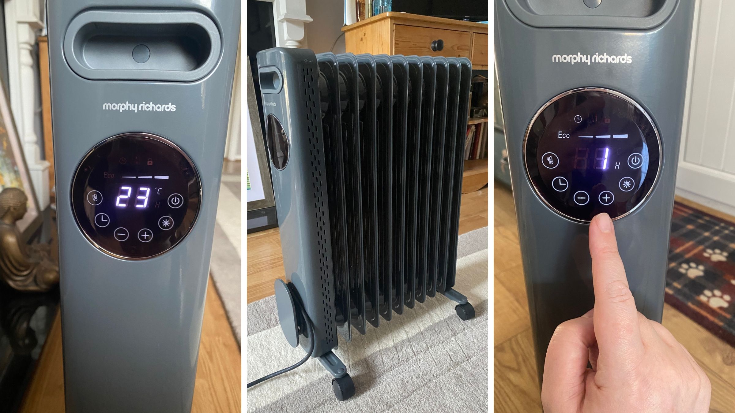 Spliced image showing the Morphy Richards HeatFlux 2.5kW Digital Oil-filled Radiator being tested in my home