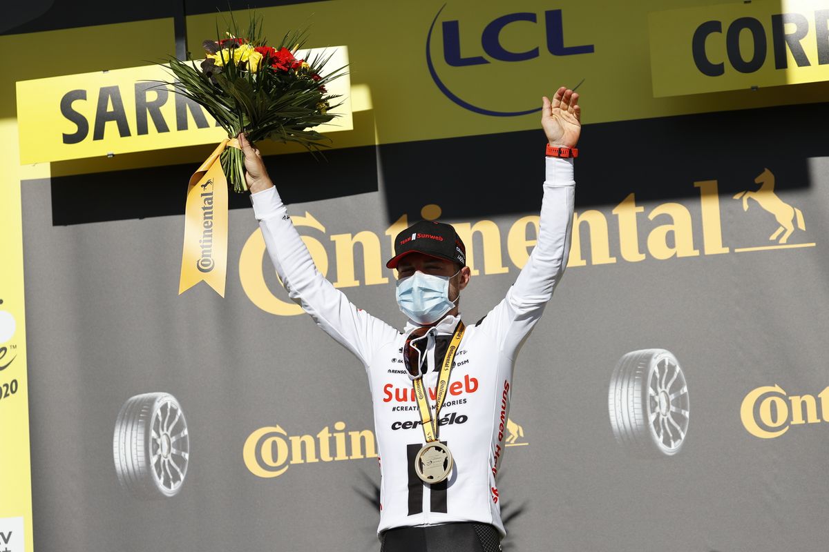 Sunweb’s Marc Hirschi takes the applause after winning stage 12 of the 2020 Tour de France