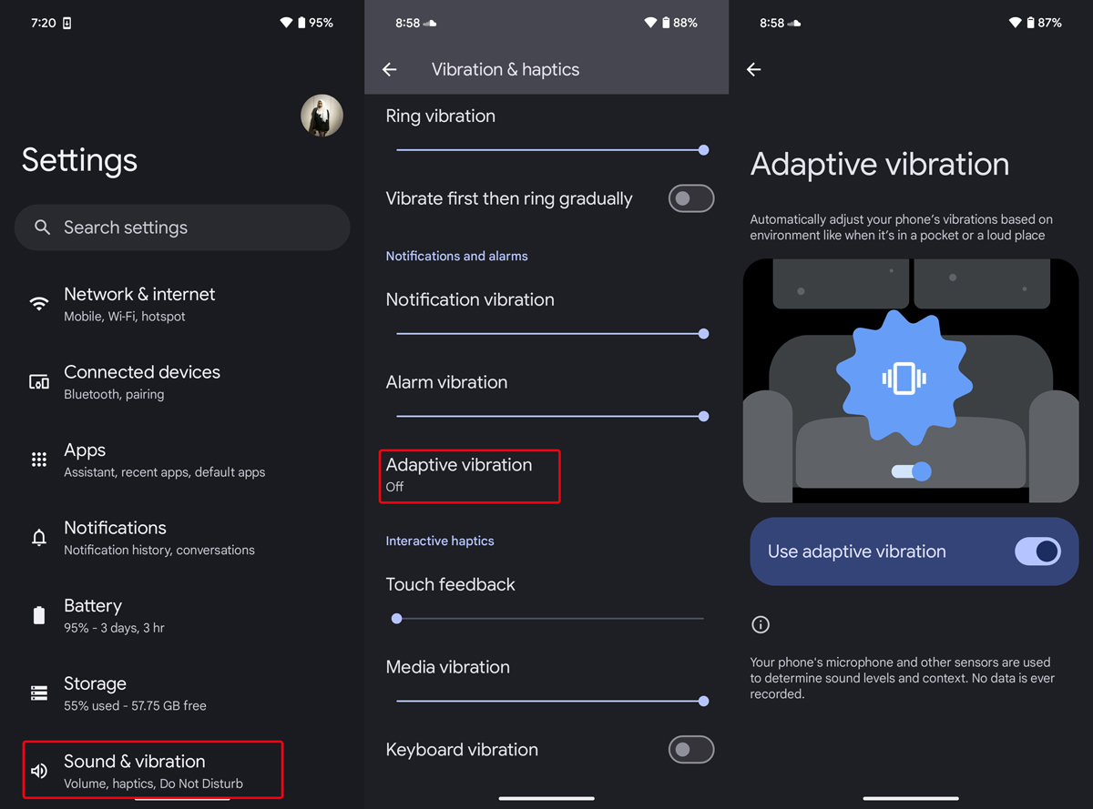 Steps to enable Adaptive Vibration on Pixel 8 running Android 15