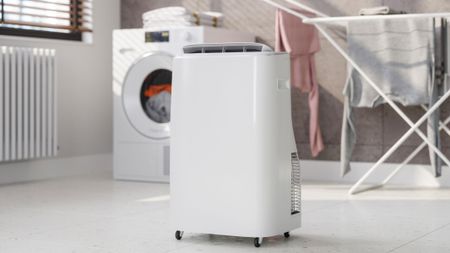 A close-up picture of a white dehumidifier in the middle of a bathroom with a washing machine and a drying rack