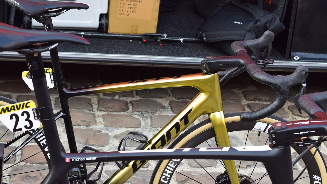 Greg Van Avermaet opted for the more compliant Giant Defy in his usual Olympic champion edition frameset