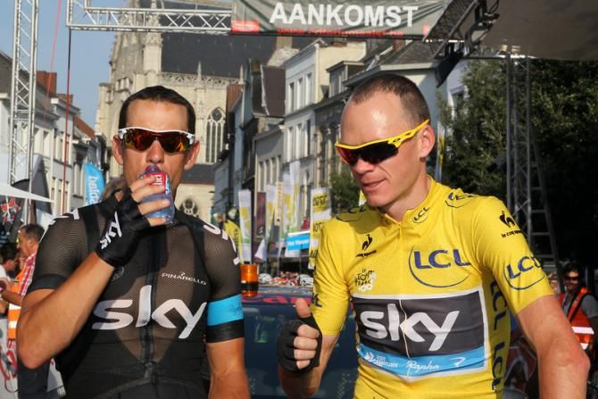 Water for a hangover? Richie Porte and Chris Froome before the start of the Aalst Criterium