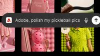 Screenshot of the Adobe plugin in ChatGPT showing the prompt "Adobe, polish my pickleball pics" above a grid of pink and green pickleball-themed product and lifestyle photos