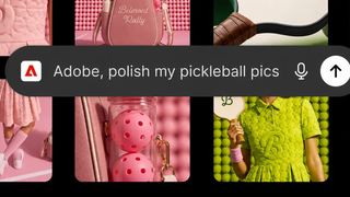 Screenshot of the Adobe plugin in ChatGPT showing the prompt "Adobe, polish my pickleball pics" above a grid of pink and green pickleball-themed product and lifestyle photos