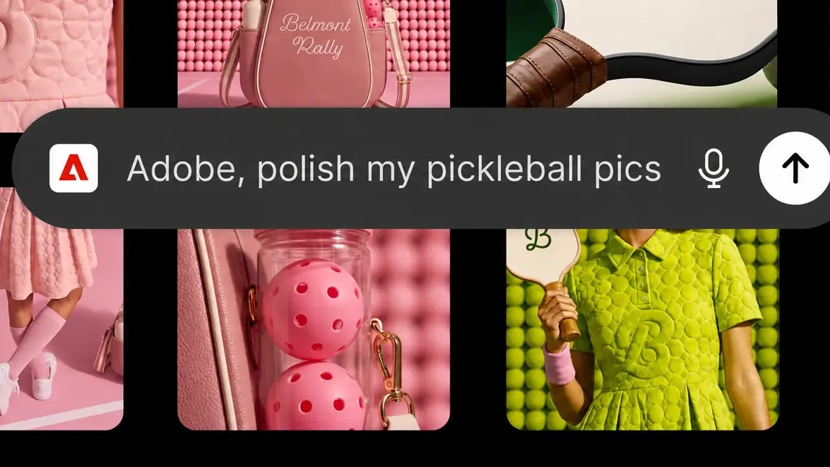 Screenshot of the Adobe plugin in ChatGPT showing the prompt "Adobe, polish my pickleball pics" above a grid of pink and green pickleball-themed product and lifestyle photos