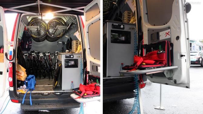 Mechanics will generally drive these vans directly from team hotel to team hotel. They're heavily customized to not only store a lot of gear but also operate as mobile work shops