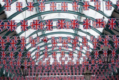 Union Flags hanging in the ceiling of Covent Garden Apple Market