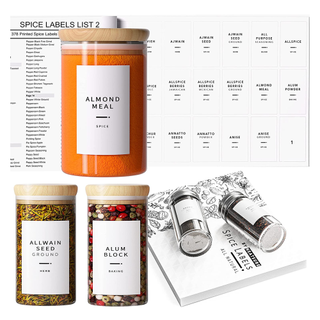 Jars of spices with minimalist labels and a booklet