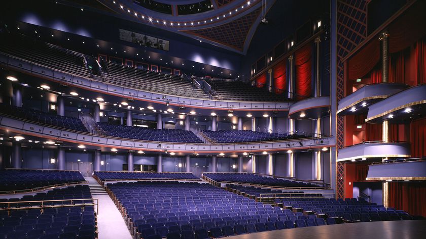 The venue’s house-right L-Acoustics K3 loudspeaker array, with the Kara II center array and KS21 sub hangs seen in the background.