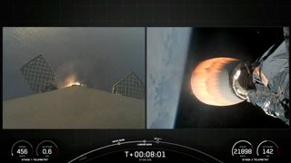 two side by side photos, one showing a rocket coming down for a landing on a ship at sea and the other showing the glowing orange nozzle of a rocket in orbit, with earth in the background