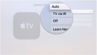 Click Auto, TV via IR, or Off