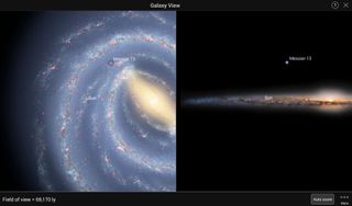 When you select an object and tap for "Info," a galaxy icon appears that leads users to a zoomable image showing the location of the object in, or beyond, the Milky Way galaxy. Globular star clusters, such as the bright Messier 13 in Hercules, orbit in a swarm beyond the edges of the galaxy.