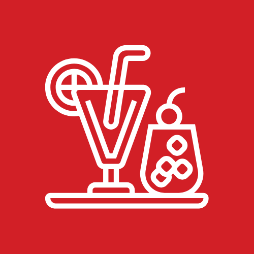 White line art of two cocktail glasses on a tray, against a red background