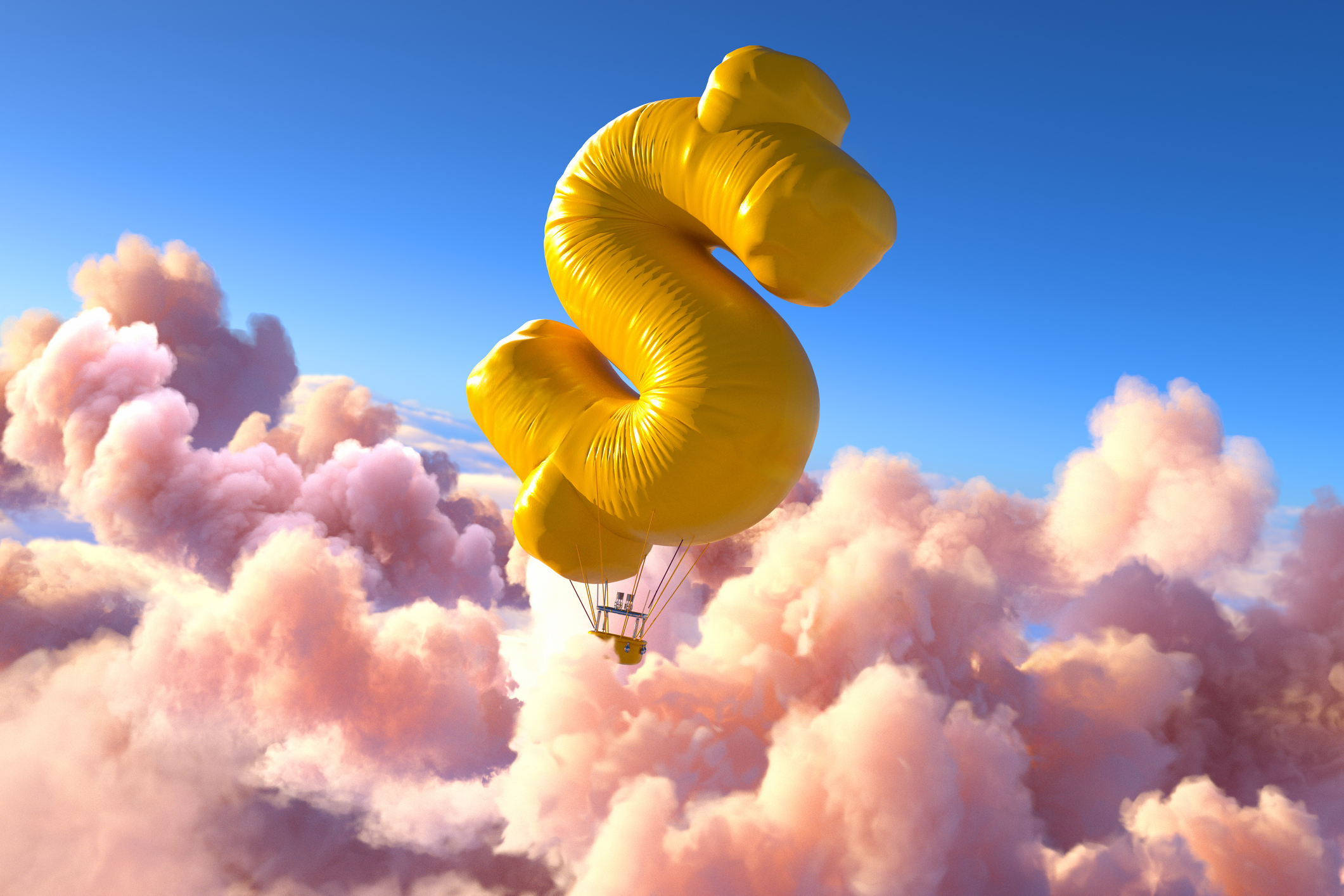 Digital generated image of golden flying hot balloon with basket in shape of dollar sign flying over puffy clouds in the sky.