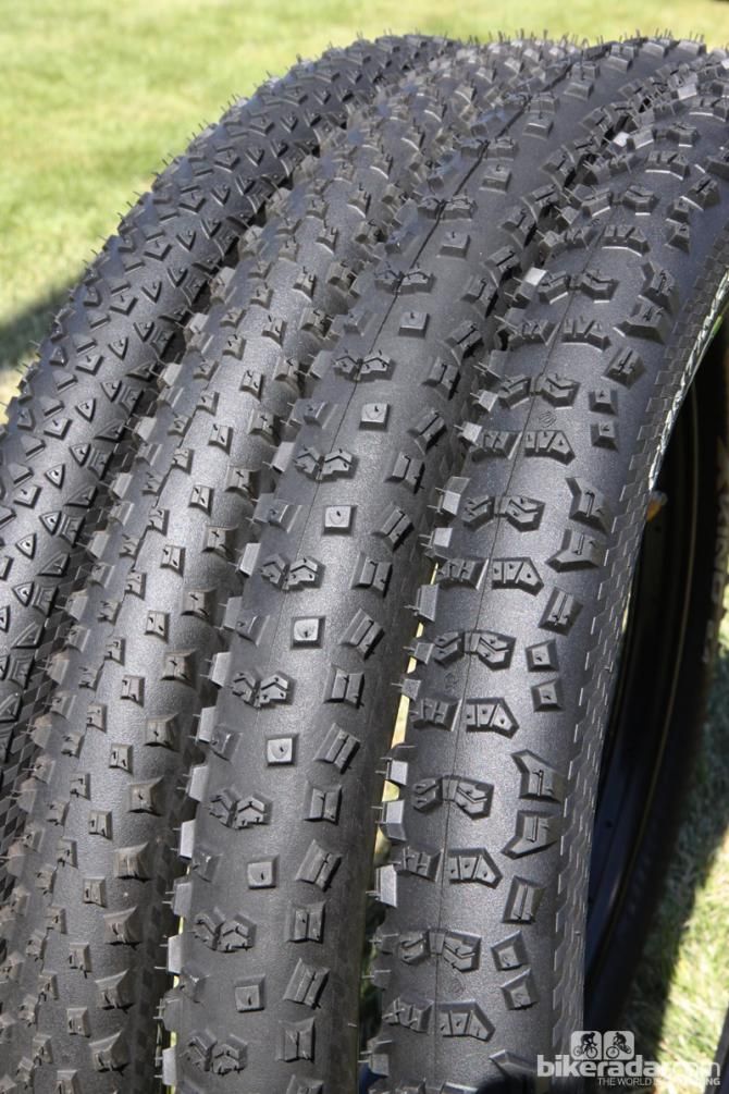 Continental is going "all in" with 27.5-inch tires, offering its four most popular styles for 2014. From left to right: the Race King, the X-King, the Mountain King, and the Trail King.