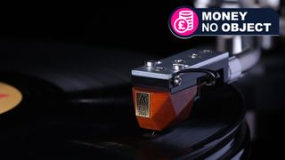 Analog Relax EX700 on a tonearm, above a vinyl record, with TR's 'Money no object' badge