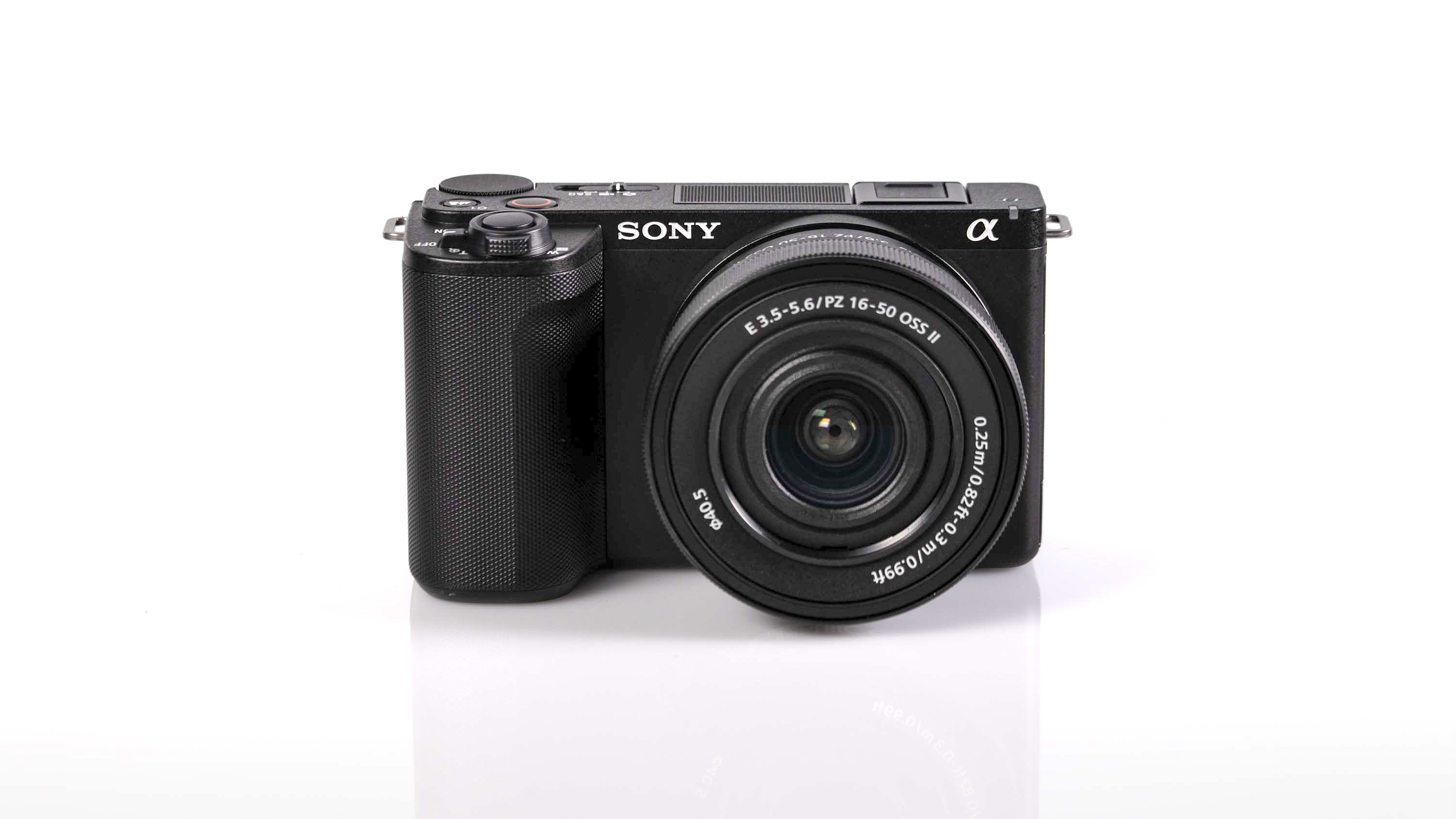 Sony ZV-E10 II on reflective surface and white background