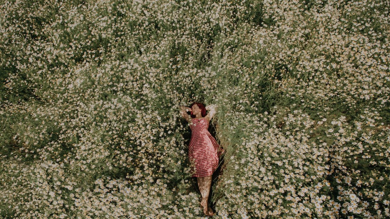 Patchouli perfume: girl lying in a flower meadow