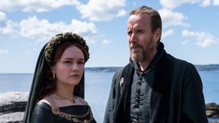 Olivia Cooke as Alicent Hightower and Rhys Ifans as Otto Hightower in House of the Dragon