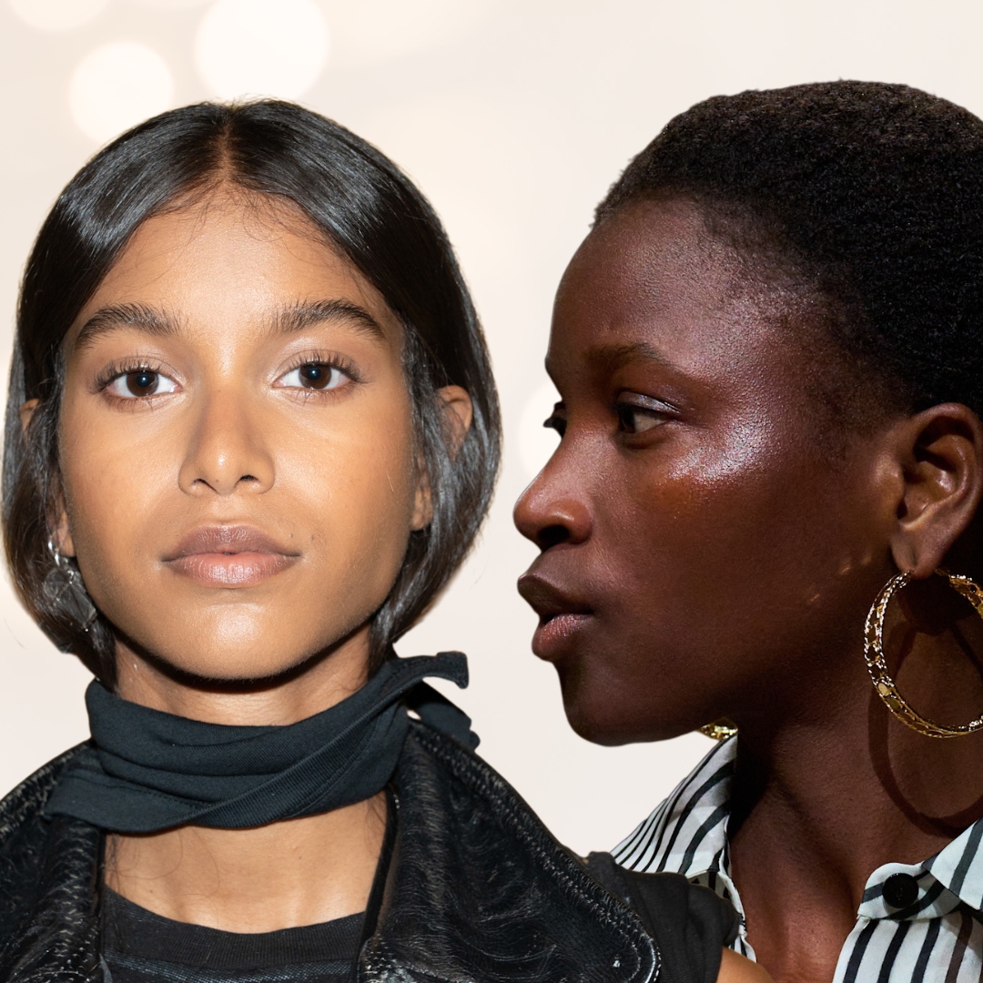 collage of women with glowing skin on a white sparkly background