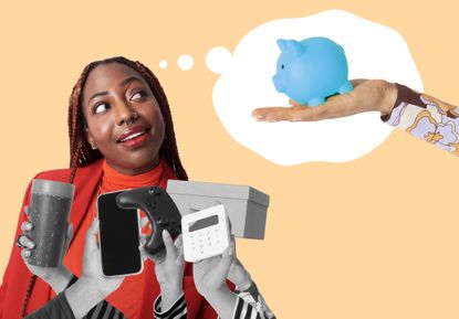 a woman choosing between everyday purchases and saving
