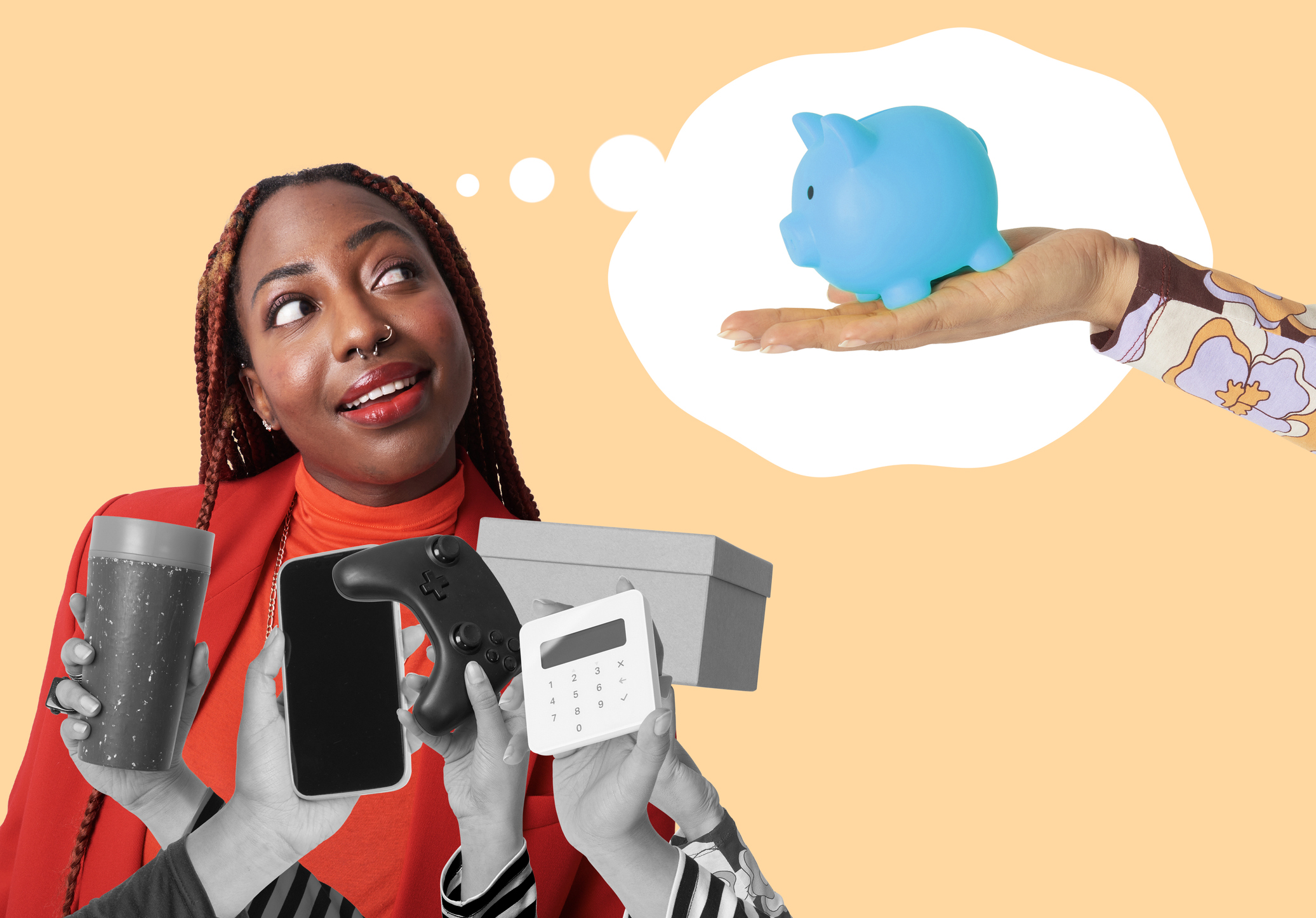 a woman choosing between everyday purchases and saving